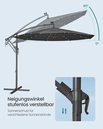 Парасолька SONGMICS 300 см з LED-світлодіодами на сонячній батареї, з підставкою, сірий, для балкону і саду, UPF 50+, ампельна, з ручкою-крутилкою