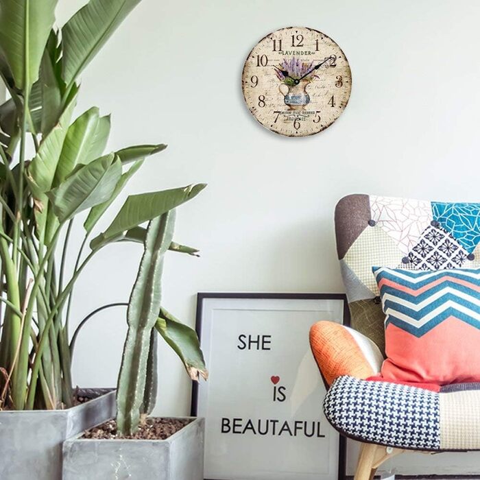 Стіна годинник YOAI кухонний вінтажний Shabby Chic, антикварний стиль, рустикальний, кварцовий, безшумний механізм, 30 см, MDF, лаванда в горщику