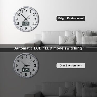 Сучасний настінний годинник KWANWA без тикань, цифровий LED/LCD дисплей, календар, термометр, на батарейках, 30,5 см, 12-годинний формат, для кухні, спальні, офісу, сріблясто-білий
