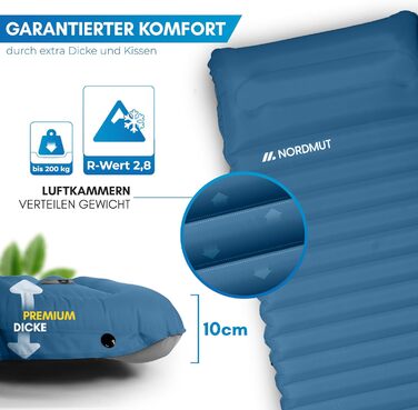 Самонадувний туристичний килимок NORDMUT 10 см, компактний, ультракомфортна ізоляційна матрацика для кемпінгу, синя