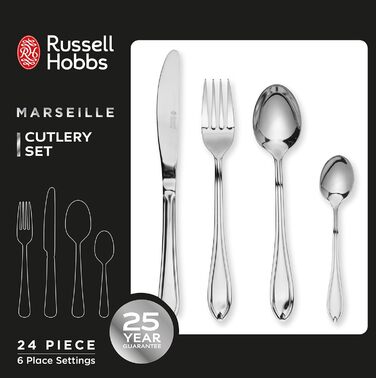 Набір столових приборів Russell Hobbs Marseille на 6 персон, 24 предмети, нержавіюча сталь 18/0, дзеркальна поліровка, придатний для посудомийної машини, 25 років гарантії