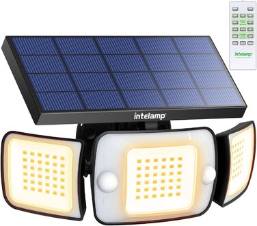 Сонячний LED-світильник INTELAMP з датчиком руху, 6000 мАг, 1200 Лм, 270° ширококутний, IP65, з пультом, для вулиці, ганку та гаража, тепле світло