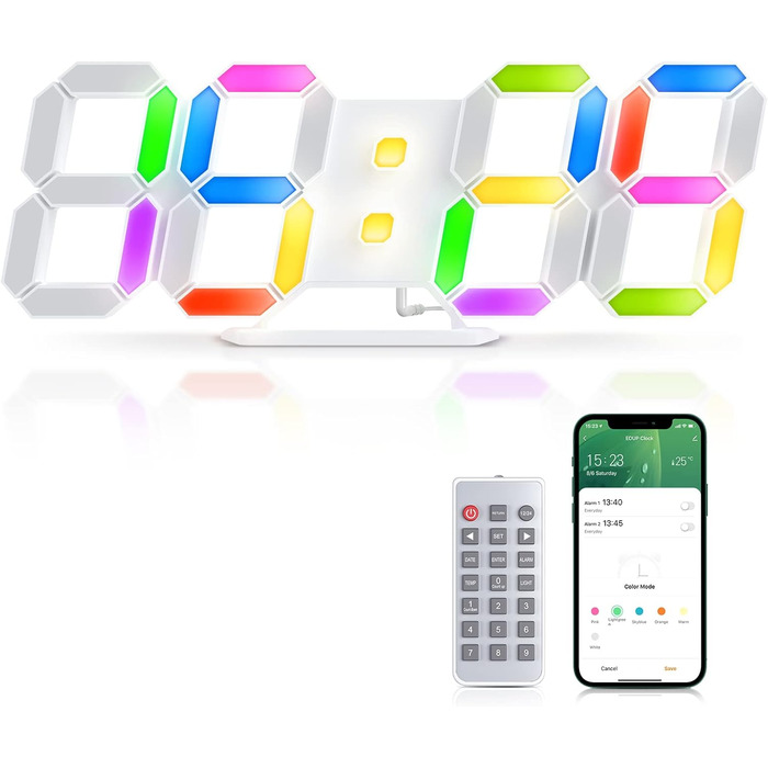 3D LED годинник-будильник EDUP HOME 9,7'' з RGB підсвіткою, безшумний, цифровий, USB, 7 кольорів, дата, температура, додаток і пульт, для спальні, вітальні, офісу