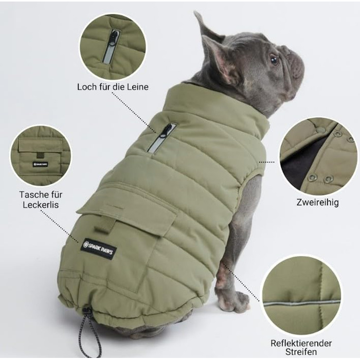 Зимова куртка для собак Spark Paws Warmshield™, флісова, водовідштовхувальна, вітрозахисна, з відбиваючими елементами, для середніх і великих порід, захист від холоду, парка, оливкова, розмір M (5-7 кг)