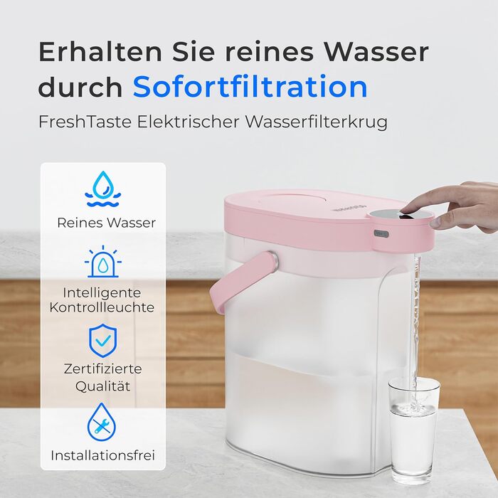 Електричний фільтр-глечик для води Waterdrop FreshTaste, 4 л, зменшує накип, хлор, свинець, мідь, очищає воду, рожевий, для холодильника