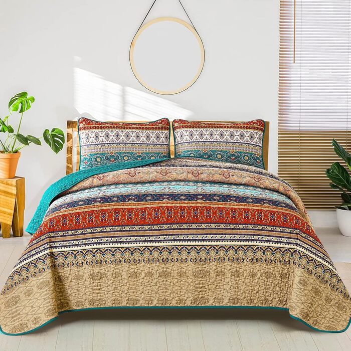 Покривало WONGS BEDDING Boho 220x240 см, стьобане, мікрофібра, комплект 3 в 1 (2 наволочки 50x70), для двоспального ліжка та дивана, бежево-зелене, для спальні