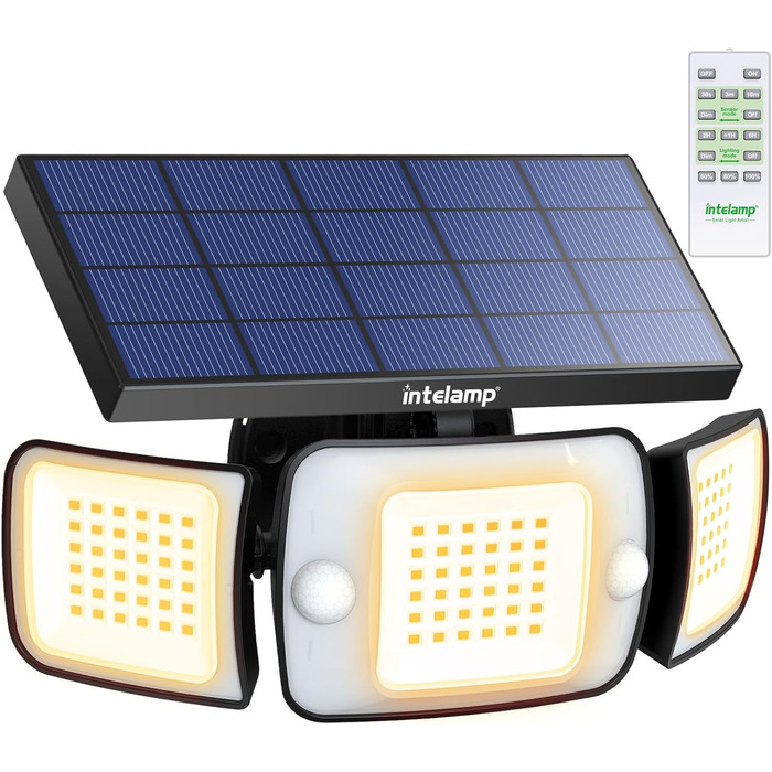 Сонячний LED-світильник INTELAMP з датчиком руху, 6000 мАг, 1200 Лм, 270° ширококутний, IP65, з пультом, для вулиці, ганку та гаража, тепле світло