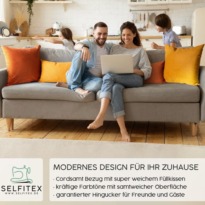 Набір з 4-х велюрових кордових подушок Selfitex Granada 2x 50x50 см + 2x 30x50 см, з наповнювачем, декоративні диванні подушки, м'які, модний дизайн, комплект для дивану