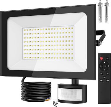 LED прожектори з датчиком руху та освітленості для вулиці, 150Вт, 6500K, IP66, з пультом, водонепроникні, для саду, гаража, спортмайданчика, papasbox, 2 шт.