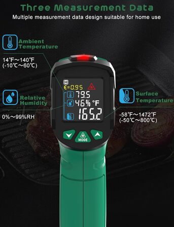 Інфрачервоний термометр SQECH з лазером, -50℃~600℃, регульований коефіцієнт випромінювання, кольорове підсвічування, для кухні, піца-печі, холодильника, промисловості (червоний, зелений до 800℃)