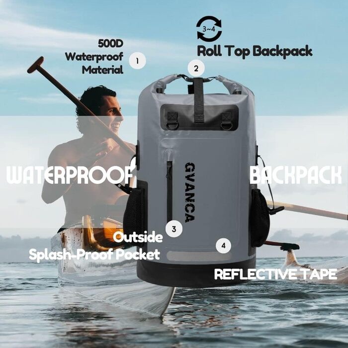 Водонепроникний рюкзак-сухий мішок для каякінгу 55 л, Roll-Top, для водних видів спорту, човна, вітрильного спорту, сірий