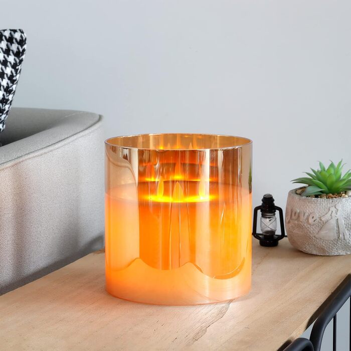 Свічка JHY DESIGN з 3 гнотами, фламінесцентна LED, справжній віск, з таймером 6 годин, 3D-ефект, на батарейках у склі, золота, для Різдва, вітальні, весілля (маленька)