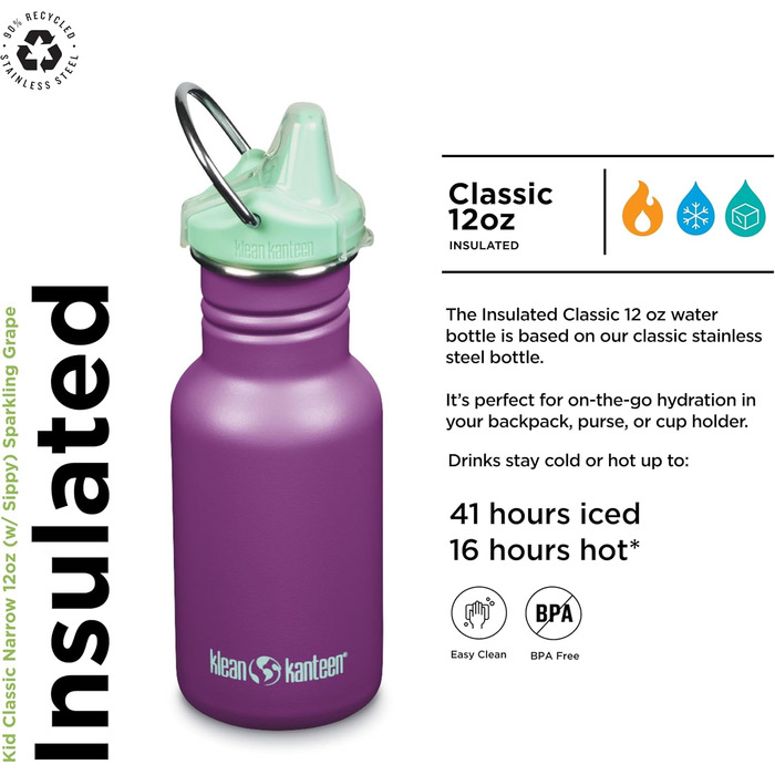 Пляшка для води Klean Kanteen Classic Narrow 355 мл, нержавіюча сталь, колір Блискучий виноград