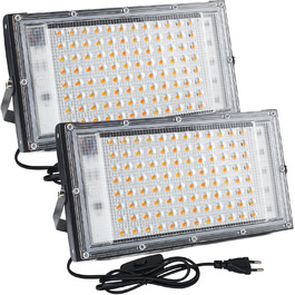 LED прожектор 100Вт з вилкою, 2 шт, 10000 лм, тепле біле світло 3000K, IP65, водонепроникний, для вулиці, саду, гаража, спортмайданчика