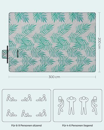Пікнікова ковдра SONGMICS 200x200 см, водонепроникна, складна, машинне прання, для кемпінгу, парку, саду, пляжу, сірий з принтом папороті