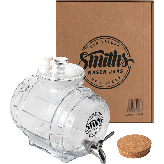 Диспенсер для води Smiths Mason Jars 5 л зі сталевим краном і скляною кришкою — для холодильника, для напоїв, інфузованої води та соків, металевий кран, компактний дизайн