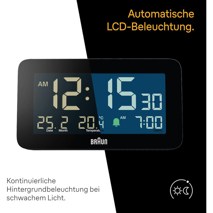 Цифровий годинник Braun BC10B з будильником, датою, місяцем, термометром, LCD-дисплеєм, швидким налаштуванням, чорний