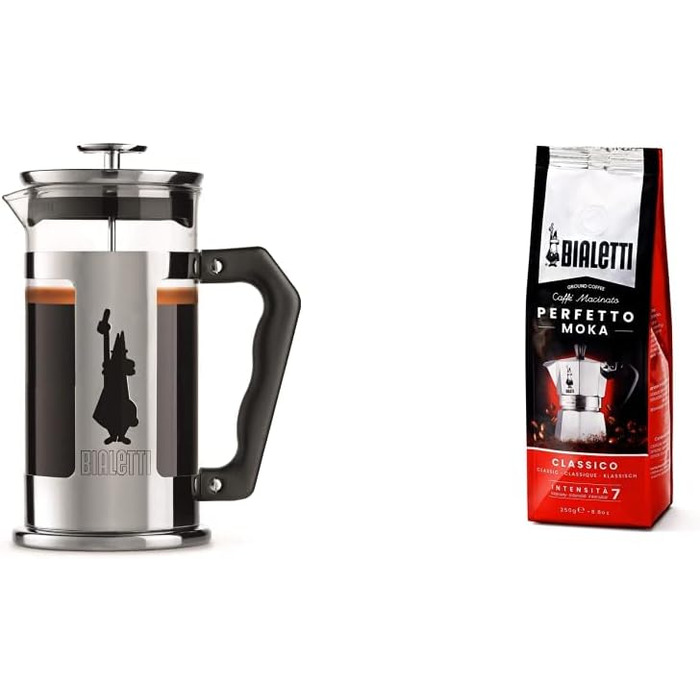 Френч-прес Bialetti Preziosa 350 мл, нержавіюча сталь, боросилікатне скло, для кави та чаю, набір із меленою кавою