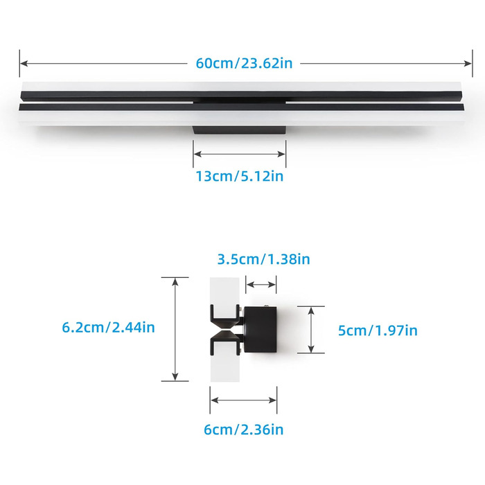Світильник для ванної MantoLite LED, 60 см, 24 Вт, 6000K, матовий чорний, IP44, настінний для дзеркала, спальні, вітальні, суперяскравий