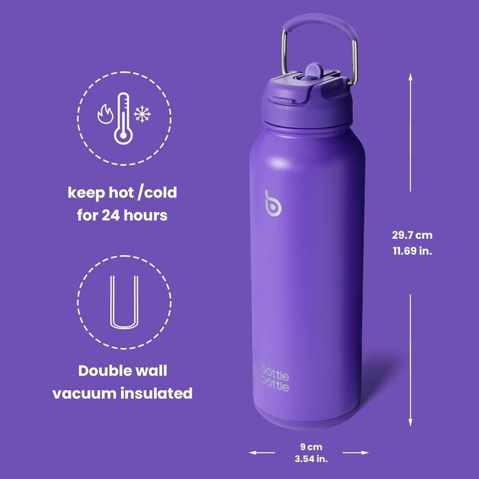 Ізольована спортивна пляшка BOTTLE BOTTLE з нержавіючої сталі, з трубочкою та кришкою-ручкою, 1 л, для води та пігулок, біла/фіолетова