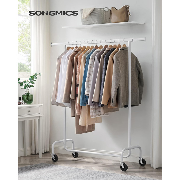 Вішак на колесах SONGMICS, металевий, розсувний, до 110 кг, хромований, 45 x (160-200) x 162,9 см, високонавантажуваний, гардеробна стійка