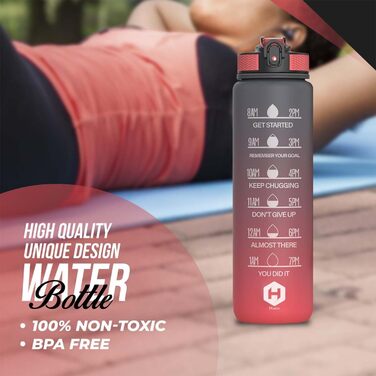 Пляшка для води 1 л BPA Free із соломинкою та часовими мітками, для велосипеда, спорту, школи та активного відпочинку, підходить для газованих напоїв, сіра та червона