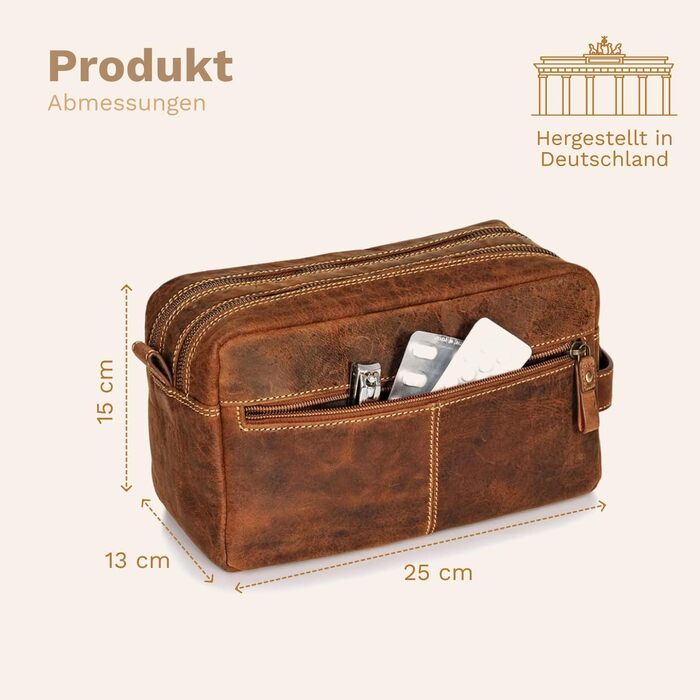 Шкіряна косметичка DONBOLSO Stockholm для подорожей, преміум-органайзер для косметики та аксесуарів, вінтажна коричнева, 25x13x15 см, для жінок і чоловіків, багато відділень