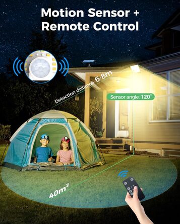 Сонячні ліхтарі LOTMOS для вулиці з датчиком руху, 342 LED, IP65, 3 режими, тепле біле світло, з пультом, для саду, гаража, 2 шт.