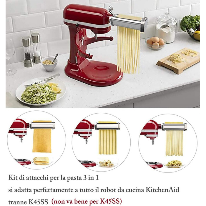Насадка для макаронів Italdos 3-в-1 для KitchenAid: валик для лазаньї, різак для фетучині та спагеті, нержавіюча сталь, з щітками для чищення