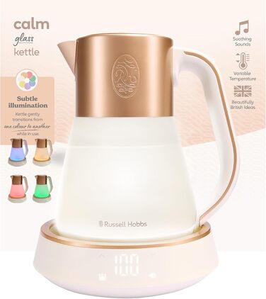 Електричний чайник Russell Hobbs зі скла 1,7 л з регулюванням температури 40-100°C, LED-підсвіткою, тихою технологією кип'ятіння, функцією підтримки тепла, цифровим дисплеєм, сенсорним управлінням, 2400 Вт, модель Calm 27450-70