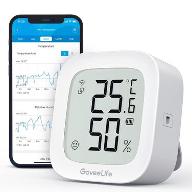 Цифровий термогігрометр GoveeLife WLAN для дому, з додатком, вимірювач температури та вологості, дистанційне керування, зберігання даних, для спальні та винного погребу