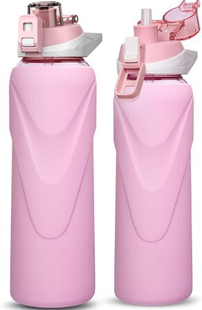 Скляна пляшка для води 1 л з трубочкою, боросилікат, BPA Free, силіконова оболонка, пастельно-рожева