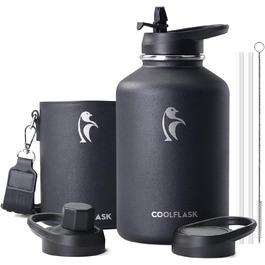 Термобутилка Coolflask 2 л з нержавіючої сталі з PU-чохлом, ізольована пляшка для води з кришкою-соломинкою, тримає холод 48 годин і тепло 24 години, Polar Black