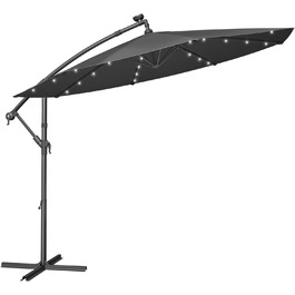 Парасолька SONGMICS 300 см з LED-світлодіодами на сонячній батареї, з підставкою, сірий, для балкону і саду, UPF 50+, ампельна, з ручкою-крутилкою