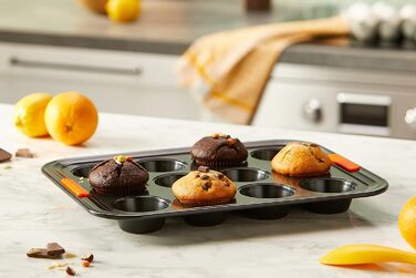 Форма для мафінів Le Creuset на 12 шт, антипригарна, з вуглецевої сталі, стійка до закваски, антрацит/помаранчева