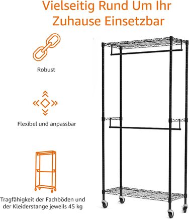 Вішалка для одягу Amazon Basics з верхніми та нижніми полицями, 91x45,6x180,2 см, чорна, дворядна