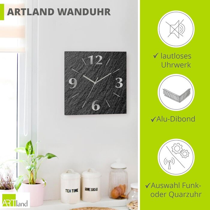 Квадратний настінний годинник ARTLAND 30x30 см, безшумний кварцовий механізм, алюмінієвий корпус, шифровий дизайн, аналоговий, 4 цифри