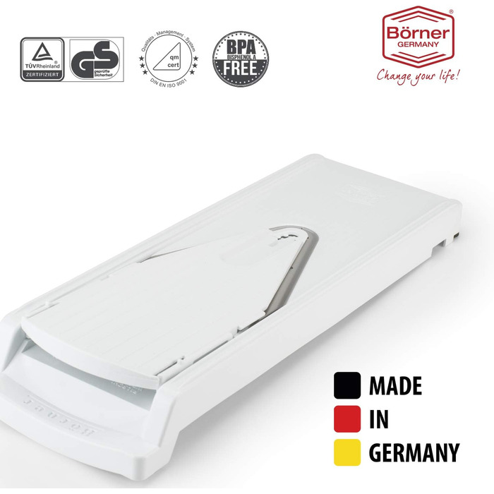 Овочерізка Börner V3 Plus з піддоном і спіральною насадкою, регульована, для скибочок, соломки й кубиків, кухонний набір, біла