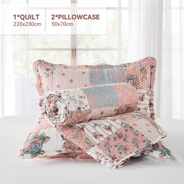 Покривало Qucover 230x230 рожеве, патчворк з мікрофібри для двоспального ліжка, комплект з 2 наволочками, легка софа-декка в стилі кантрі, ультразвукове зшивання