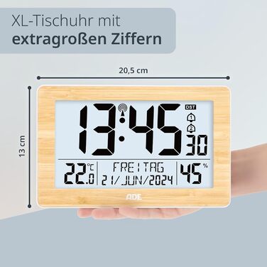 Цифровий XL-годинник ADE з великими цифрами, двома будильниками, підсвіткою, термометром, гігрометром і вузькою рамкою з бамбука