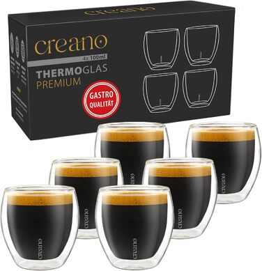 Набір склянок Creano PREMIUM 100 мл подвійні стінки, 6 шт, термоскло, для еспресо, гастрономічна якість, можна мити в посудомийній машині, новинка 2024