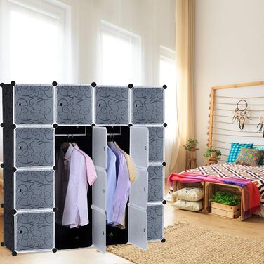 Шафа для взуття та одягу DIY, модульний органайзер 16 секцій, 111x37x147 см, чорний з дверцятами, для взуття, одягу, іграшок і книг