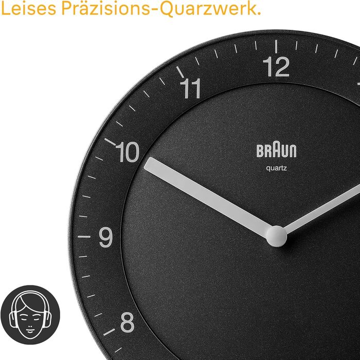Настінний годинник Braun BC06B, аналоговий, кварцовий механізм, чорний, 20 см, класичний дизайн, тиха робота, легко читається циферблат