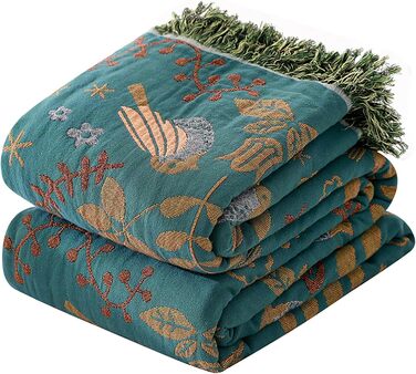 Двосторонній плед Boho 100% бавовна 200×230 см, мусліновий покривало для дивану, крісла та ліжка, м'який і затишний, синьо-бежевий