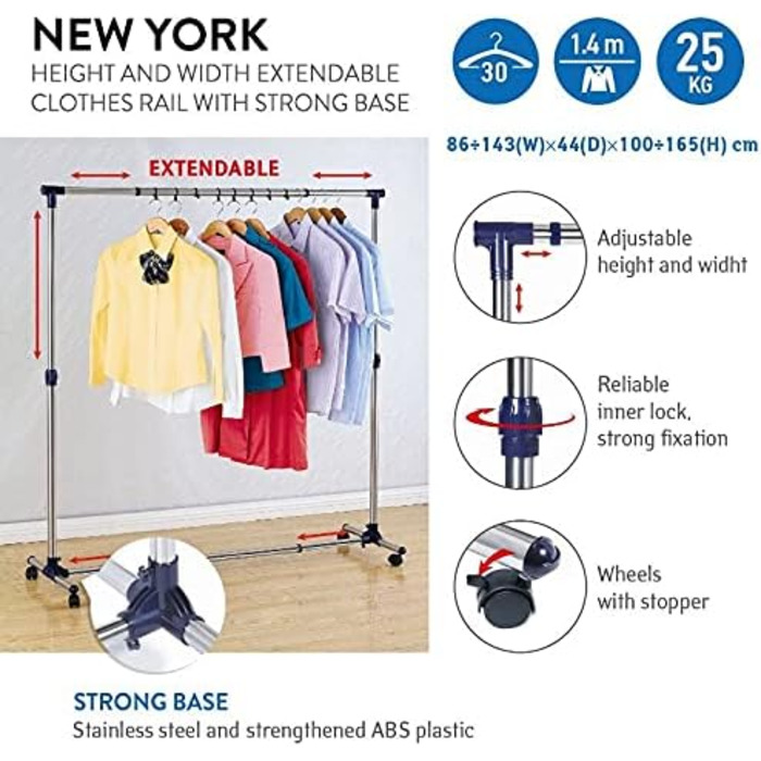 Вішак для одягу Tatkraft New York на колесах, розсувний, з нержавіючої сталі, регульована висота та ширина, 86-143x44x100-165 см, стійка пересувна гардеробна