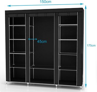 Тканинна шафа INTIRILIFE 150x175x45 см, чорна, з блискавкою, полицями, вішалкою і бічною кишенею – складана шафа для одягу, кемпінгу, гардеробу