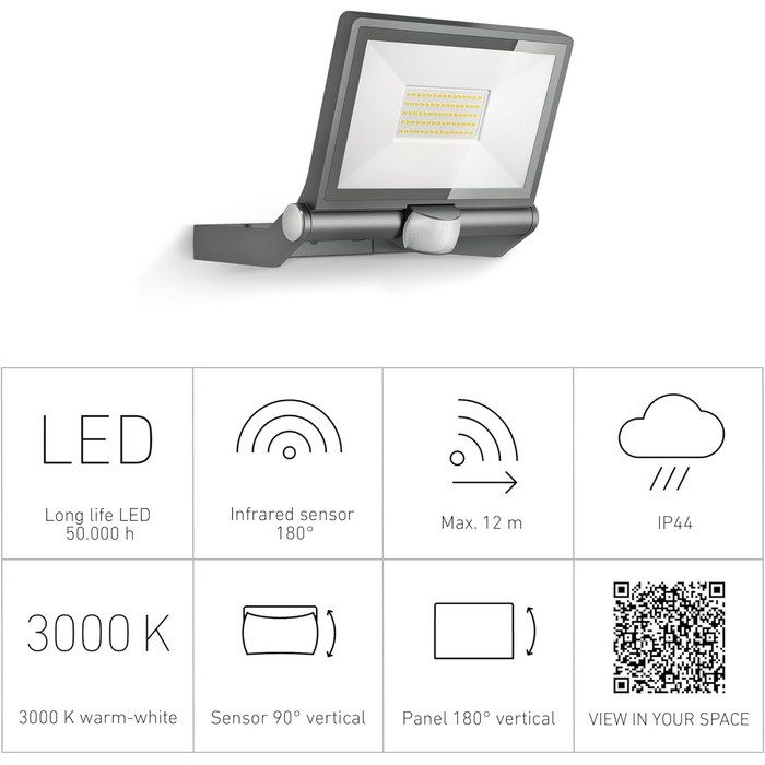Світлодіодний прожектор Steinel XLED ONE XL 42,6 Вт, 4200 лм, з датчиком руху, антрацит, для вулиці, під'їзду, будинку та саду, алюмінієвий