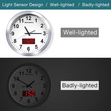Сучасний настінний годинник KWANWA без тиканя, цифровий LCD/LED дисплей, календар, термометр, на батарейках, 30,5 см, 12-годинний формат, для кухні, спальні та офісу, сріблястий корпус, червоний LED