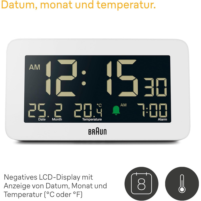 Цифровий годинник Braun BC10W з датою, місяцем і температурою, негативний LCD-дисплей, швидке налаштування та наростаючий сигнал, білий
