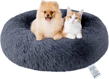 Ліжко для собак і котів Fireowl Donut 70 см, пухнасте, заспокійливе, кругле, плюшеве, антивтривожне, для цуценят і кошенят, сіре, можна прати